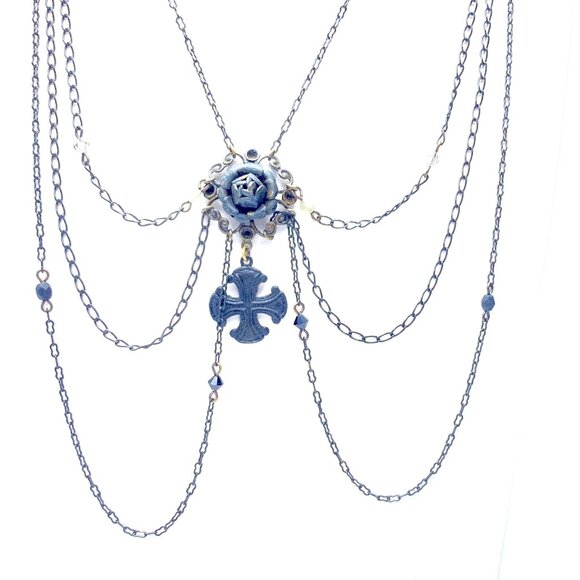 90s Erickson Beamon 4-Strand Crystal Necklace — Rose Pendant w/Cross Detail —EUC - Picture 2 of 7